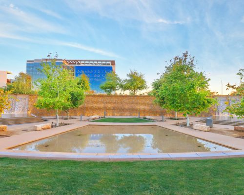 An urban park with a reflective pool, surrounded by grass, trees, benches, and a brick wall, with a modern building in the background.