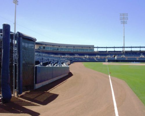 A baseball stadium on a sunny day with empty blue seats, a well-maintained grass field, and a dirt track along the baseline.