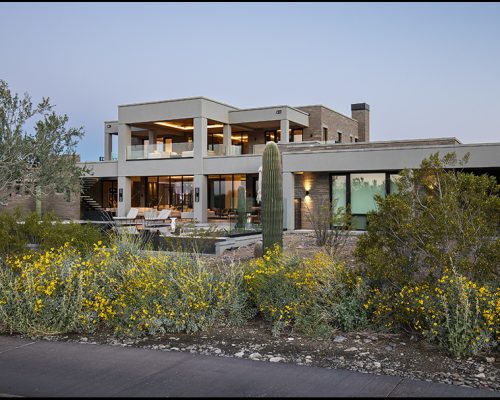 Modern two-story residential house at twilight with illuminated interiors and surrounding wildflowers.